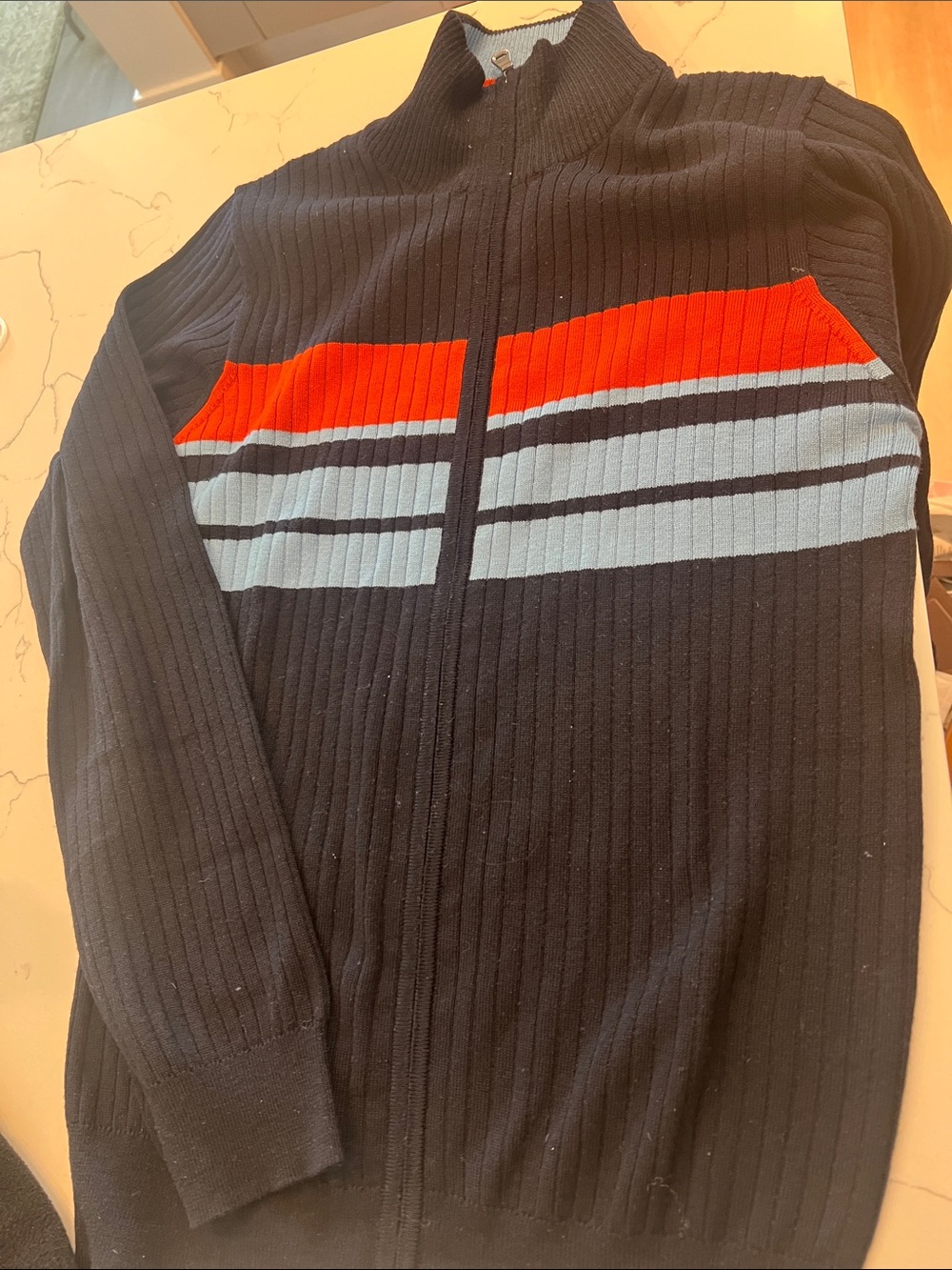 Boss Men's Navy Zip-Up Sweater with Red and Light Blue Stripes
